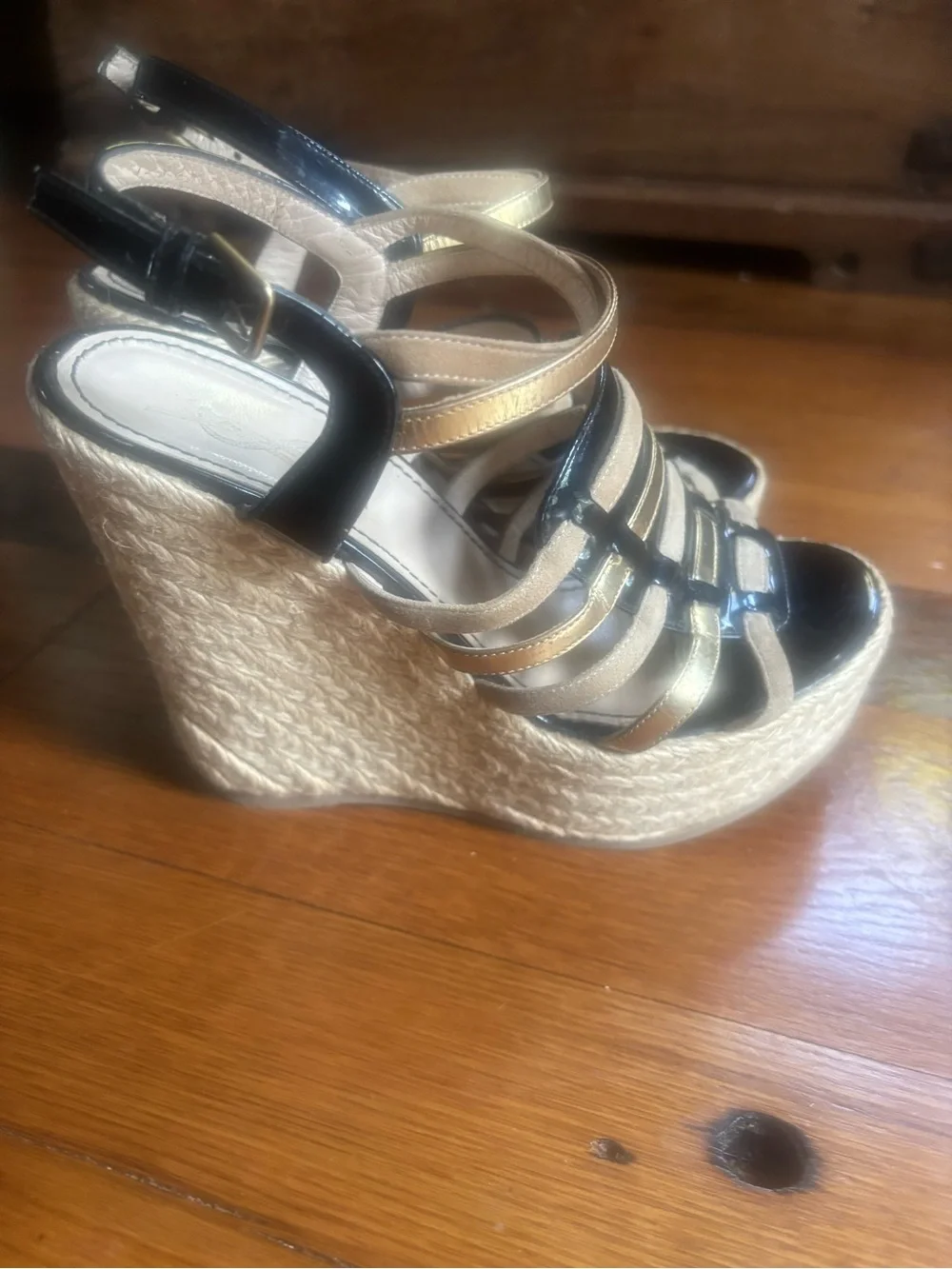 Yves Saint Laurent Black and Beige Espadrille Wedge Sandals